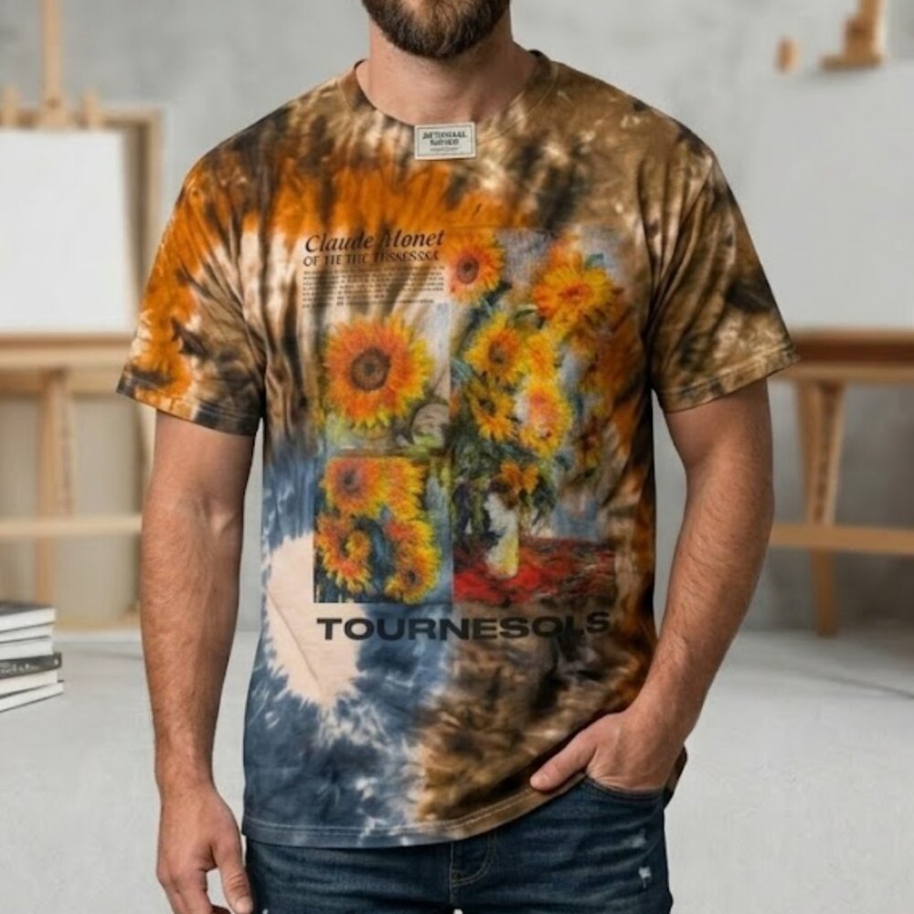 Claude Monet Tournesols Sunflowers Tshirt XL Tan Tie Dye Faded Vintage Style